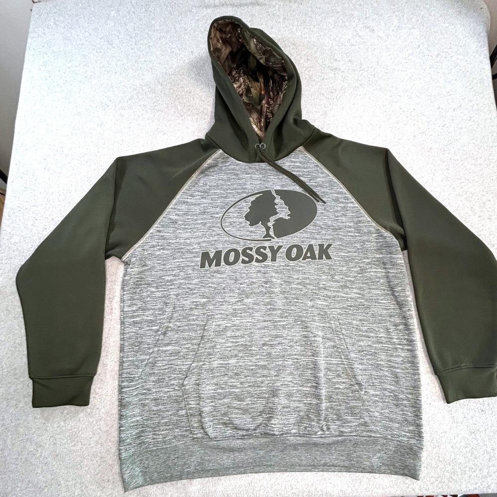 Mossy Oak Hoodie Mens L Green Gray Heather Raglan Camo Lined Graphic Pullover